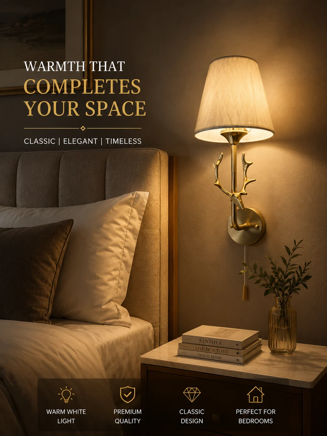 Classic Brass Wall Sconce with Fabric Shade - Traditional Indoor Wall Lamp