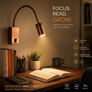 LX/3WATT/ Flexible Gooseneck LED Reading Light - Rose Gold Finish with On/Off Switch