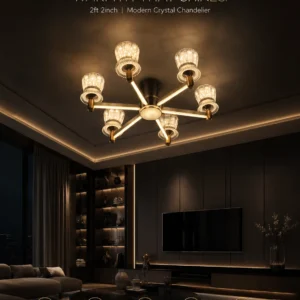 Sputnik Crystal Glass Chandelier with Brass Arms & LED Backlit Frame 3c