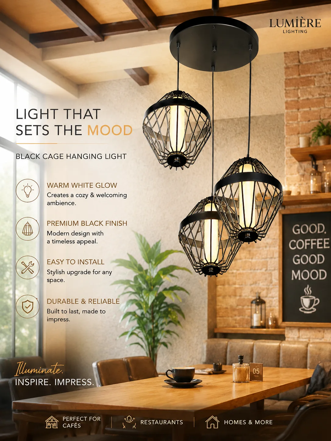 black cage hanging light (warm white)
