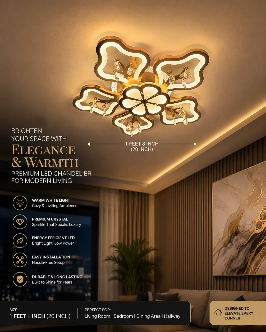 rosegold Flora Chandelier 3c with remote and bluetooth