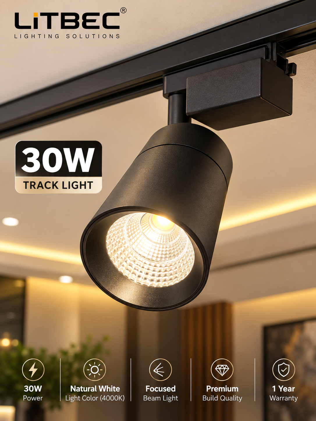litbec 30w track light black natural white